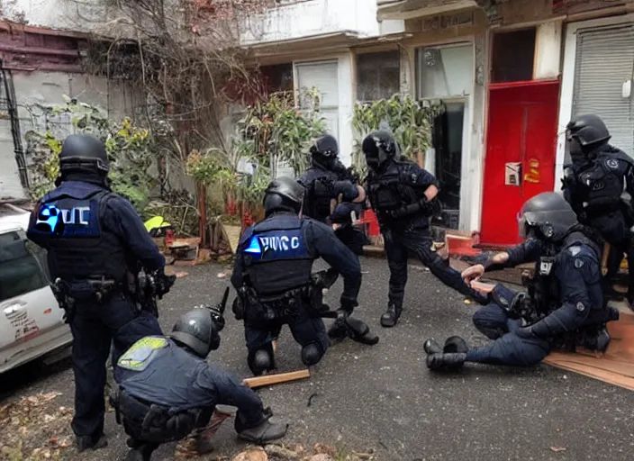 Prompt: Photo of a police raid on a colourful anarchist squat