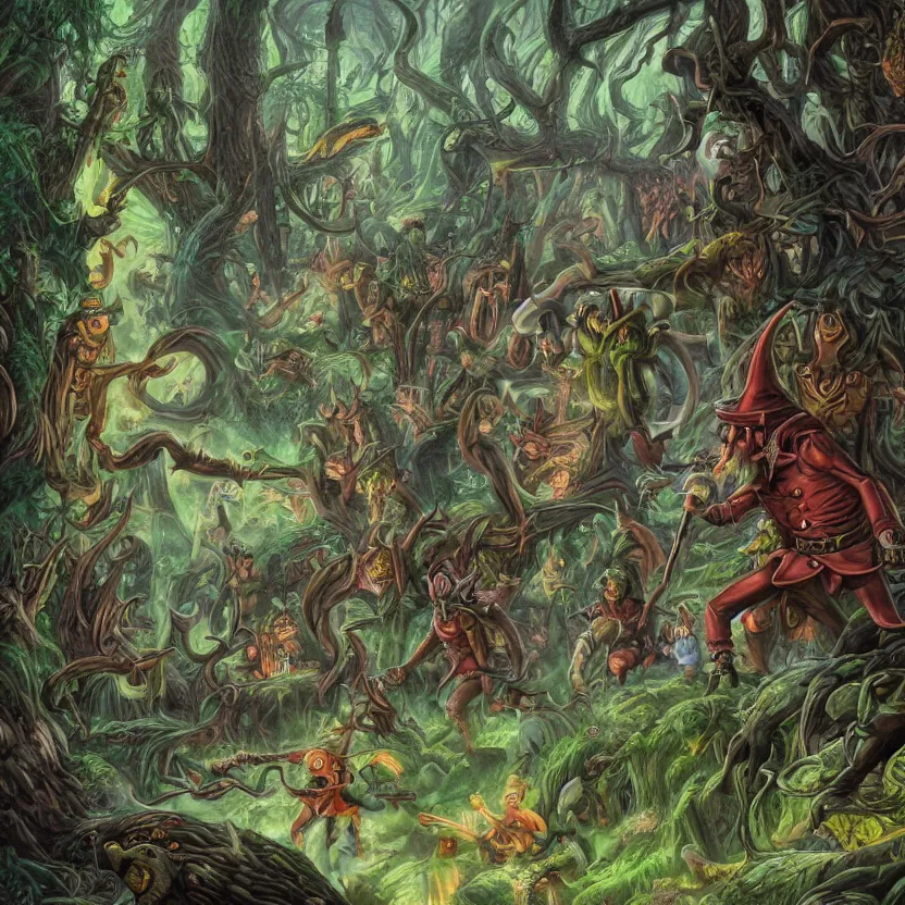 Image similar to a scene of elves running through a clearing in a dark fantasy forest surrounded by darkness and colorful cartoon monsters. hyperrealist illustration. muted colors. 1 9 7 0's pulp science fiction and fantasy cartoon for alice in wonderland and wizard of oz. highly detailed and richly colored painting by don ivan punchatz and basil gogos. trending on artstation