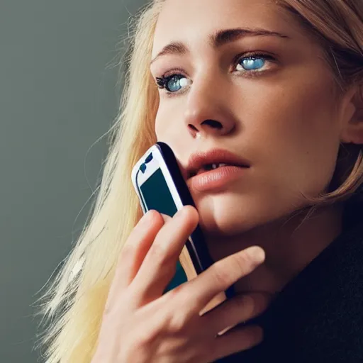 Image similar to agree blonde haired woman using phone, photorealistic, close up, gq magazine, beautiful,