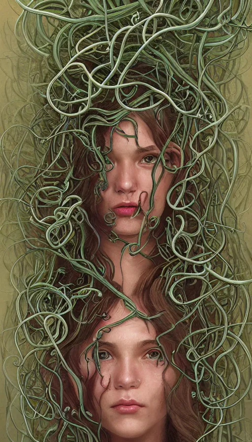 Image similar to very detailed portrait of a 2 0 years old girl surrounded by tentacles, the youg woman visage is blooming from fractal and vines, by ian mcque