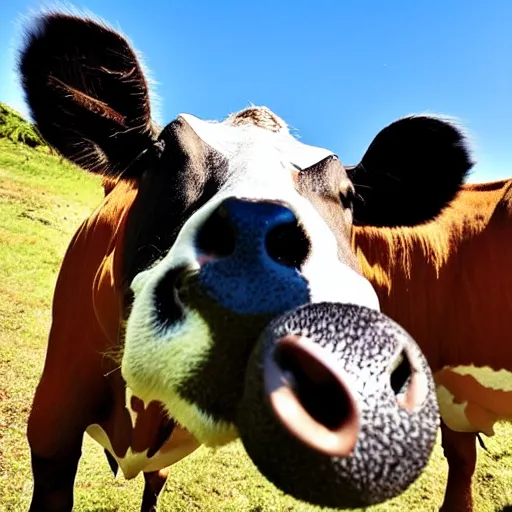 Image similar to selfie stick photo of a cow and it's hippopotamus best friend