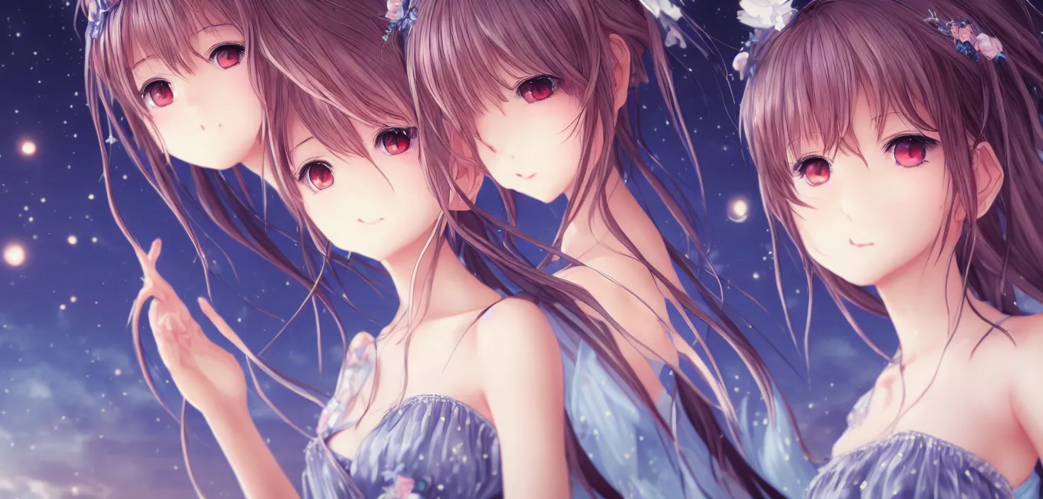 Prompt: portrait two beautiful anime girls wear coctail dress closeup | | sunny night, full moon, dreamlike art, realistic shaded, smile, good looking, hyper details, 4 k realistic, cryengine, realistic shaded lighting poster by artgerm, ross tran, fuji choko, 8 k resolution, trending on artstation, luxury