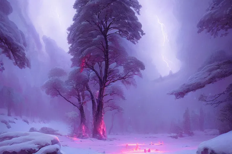 Image similar to a beautiful oil painting of a valley covered in snow, trees with purple, thunderstorm in the sky, blue lighting, gloomy, atmospheric lighting, detailed, beautiful!!, purple bioluminescence, by greg rutkowski, trending on artstation