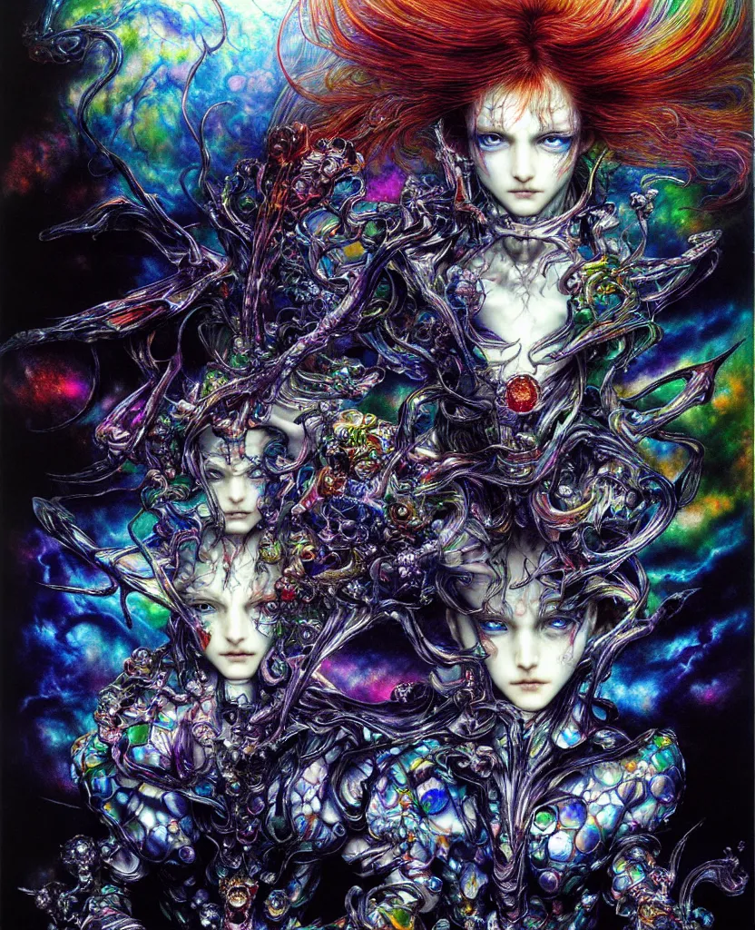 Image similar to realistic detailed image of ultra wrathful rainbow diamond iridescent mega sybiote, depth perception, depth of field, action horror by ayami kojima, neo - gothic, gothic, part by adrian ghenie and gerhard richter. art by yoshitaka amano. masterpiece