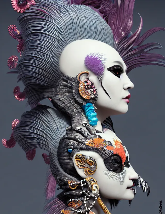 Prompt: 3 d goddess close - up profile portrait punk with mohawk with ram skull. beautiful intricately detailed japanese crow kitsune mask and clasical japanese kimono. betta fish, jellyfish phoenix, bio luminescent, plasma, ice, water, wind, creature, artwork by tooth wu and wlop and beeple and greg rutkowski