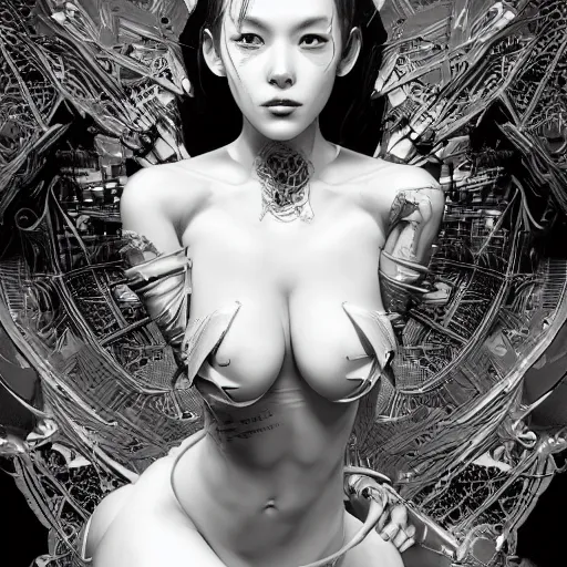 Image similar to the portrait of an absurdly beautiful, graceful, elegant, sophisticated, fashionable cyberpunk gravure idol, an ultrafine hyperdetailed illustration by kim jung gi, irakli nadar, intricate linework, bright colors, porcelain skin, unreal engine 5 highly rendered, global illumination, radiant light, detailed and intricate environment