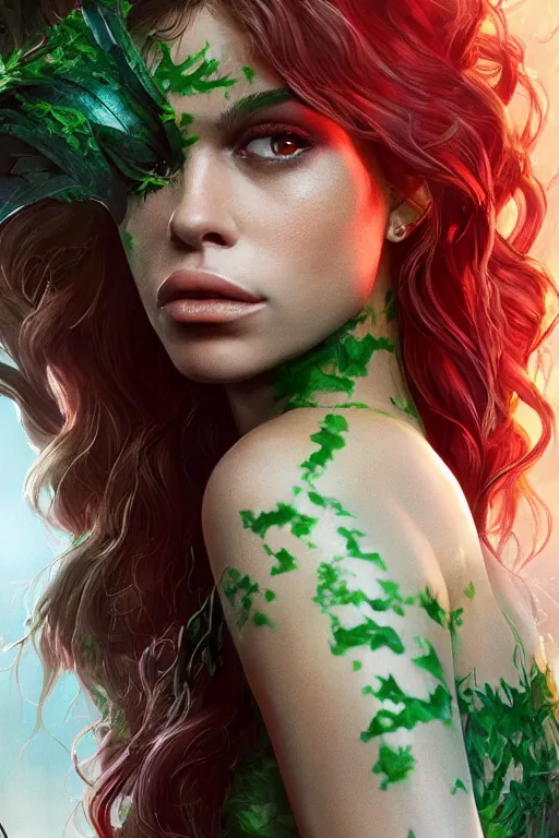 Image similar to Portrait of Kaia Gerber as a villain Poison Ivy kissing Robin, in Batman movie still cinematic, artstation, Greg rutkowski, UHD 8K