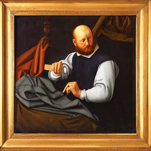 Prompt: a happy man ironing his collar shirt on a bed, renaissance, oil painting