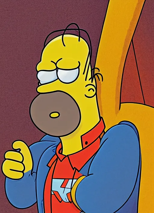 Image similar to portrait of Homer Simpson, comic book, art by Matt Groening and Jack Kirby, sharp focus, illustration, stunning lighting, realistic character concept, light atmosphere, golden ratio, cinematic lighting, high resolution, insanely detailed and intricate, 8k