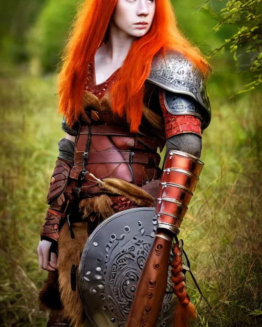 Prompt: north adult female warrior, red hair, ginger hair, long hair, fantasy, female Viking, high detailed, photography, cloudy, lightweight leather armour, Scandinavia, plain, detailed face, beautiful face, beautiful girl, look into the distance, professional model, glowing skin, serious face, full body,in full growth, professional photographer, masterpiece, 50 mm, extremely detailed, 8k, 3D