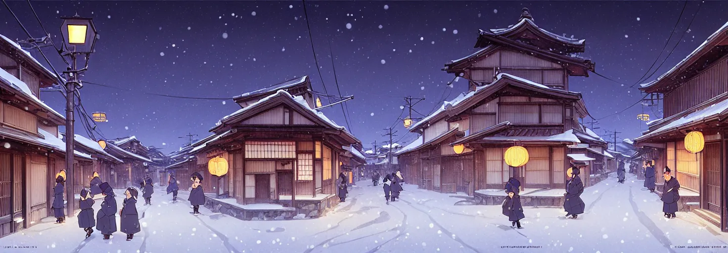 Image similar to empty rural japanese town at night, winter, in the style of studio ghibli, j. c. leyendecker, greg rutkowski, artem