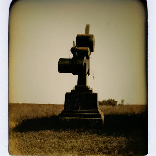 Image similar to polaroid photo of a napoleonic cannon standing on a graveyard.