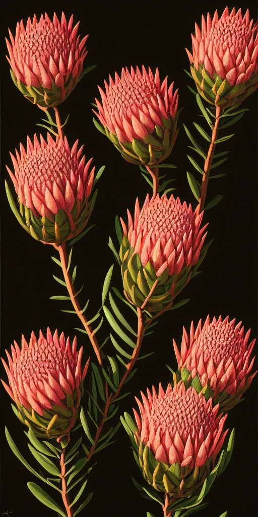 Prompt: detailed king proteas and pincushions against a black backdrop by martin johnson heade, artstation
