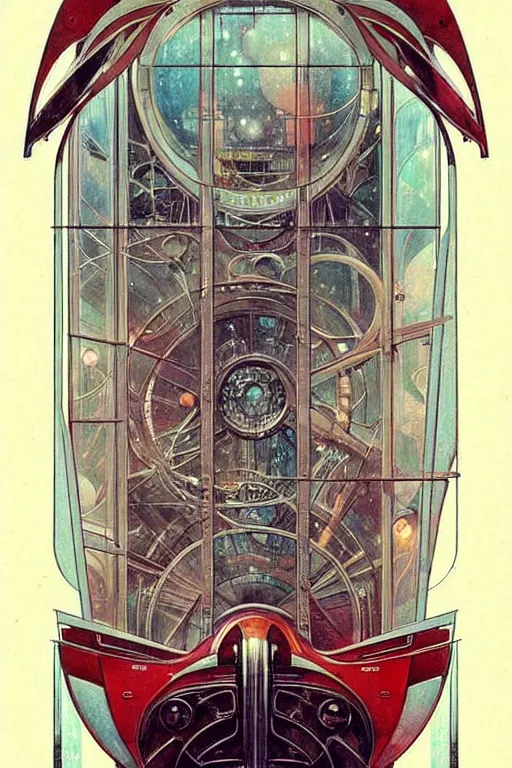 Image similar to ( ( ( ( ( 1 9 5 0 s retro future intricate machine spaceship large window. muted colors. art nouveau ) ) ) ) ) by jean baptiste monge!!!!!!!!!!!!!!!!!!!!!!!!! chrome red