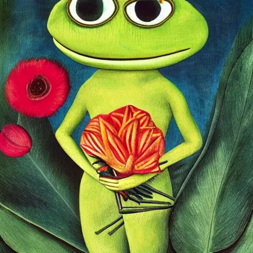 Image similar to pepe the frog by frida kahlo