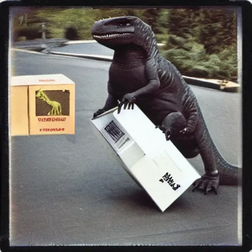Prompt: polaroid photo of t - rex 🦖 stealing packages
