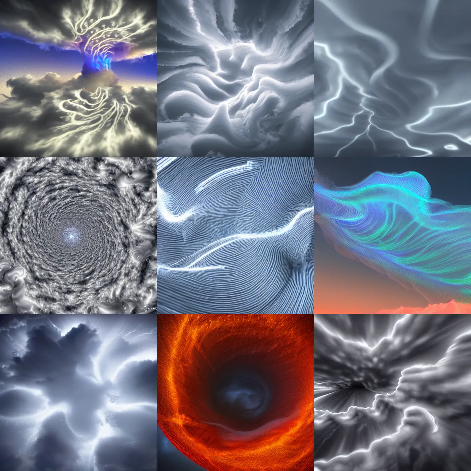 Prompt: cloud vortex, storm, symmetric, spiral, volumetric clouds, fog, lightning, vibrant realflow smoke rendered in houdini, photorealistic, intricate, soft lighting, glowing clouds, high quality 4 k trending on artstation