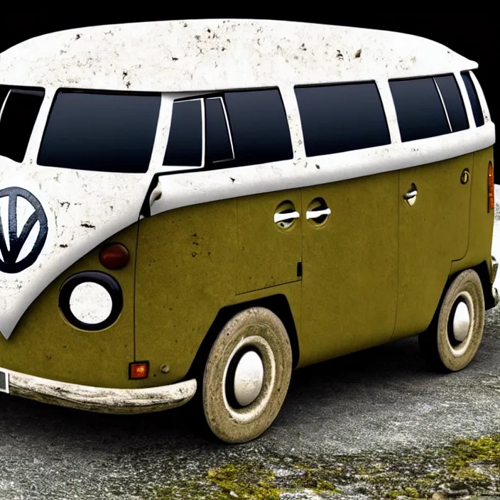 Image similar to ultra - realistic image of an ancient vw bus made of stone