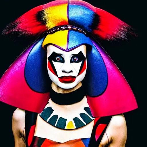 Prompt: photo of a real-life beautiful female harlequin warrior,