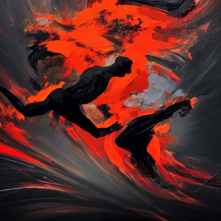 Prompt: a thin, athletic man's body explodes in abstract, thick flowing dramatic brush strokes, strong wind, black background, matte colors, impressionist, extreme motion, trending on artstation