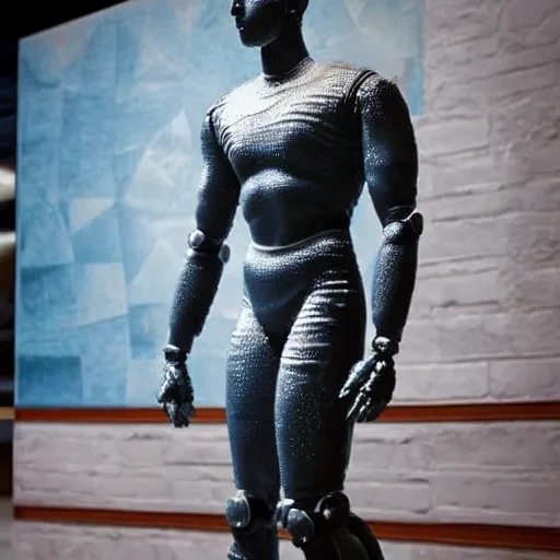 Image similar to a realistic detailed photo of a guy who is an attractive humanoid who is half robot and half humanoid, who is a male android, wrestler nick suriano, shiny skin, posing like a statue, blank stare, by the pool, on display, showing off his muscles, humanoid robot, frozen ice statue