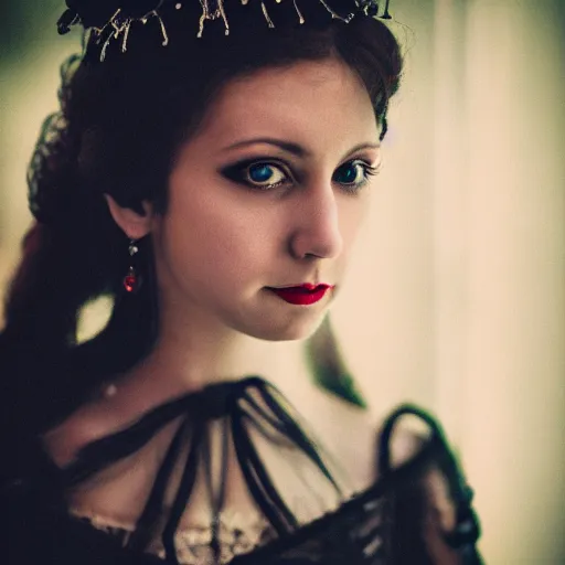 Image similar to A beautiful portrait of a lady vampire, victorian, '20, photography, 35mm, depth of field, bokeh, soft light, cinematic