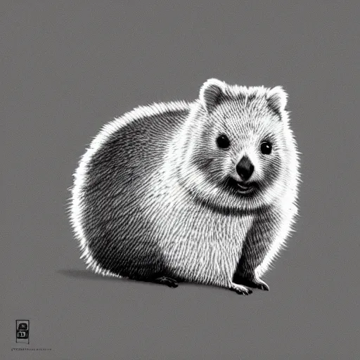 Image similar to monochromatic illustration of a happy quokka, monochrome, mono, one line, line drawing, unbroken, minimalist, no background, white space, white background, black and white