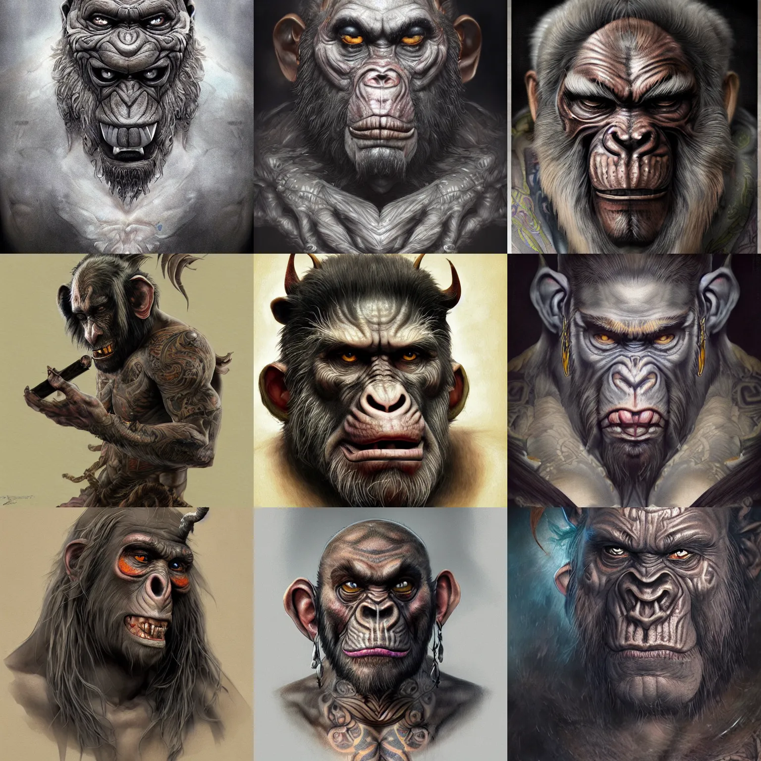 Image similar to a wlop 3 d render of very very very very highly detailed beautiful mystic portrait of a phantom ape demon with tattoos by anton pieck, intricate, extremely detailed, digital painting, artstation, concept art, smooth, sharp focus, illustration, intimidating lighting, incredible art,