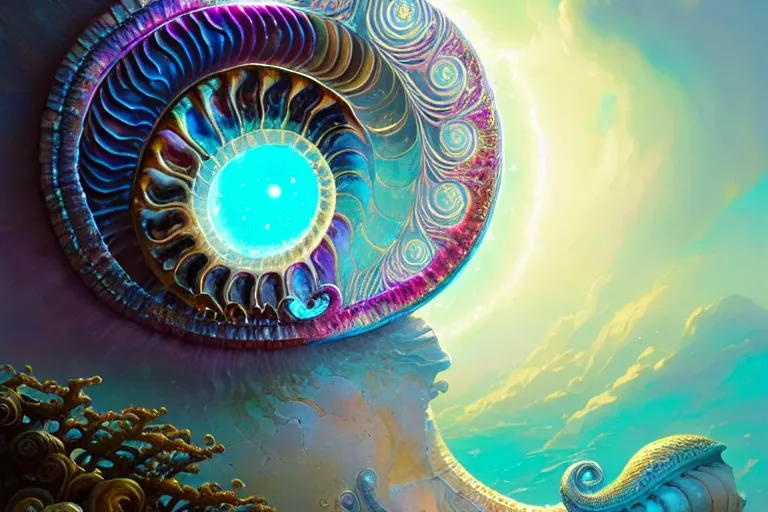 Prompt: fractalized ammonite, filigree, delicate, highly detailed, beautiful opalescent colours, fantasy art by greg rutkowski, rhads, ferdinand knab, makoto shinkai and lois van baarle, ilya kuvshinov, rossdraws, tom bagshaw, global illumination, radiant light,