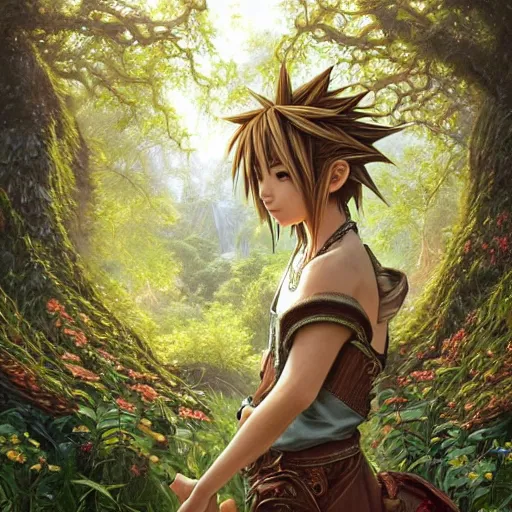 Image similar to intricate detailed portrait painting of sora from kingdom hearts a beautiful forest meadow, temple ruins surrounded by lush forest, afternoon, intricate, elegant, highly detailed, digital painting, sharp, focus, illustration art by artgerm and greg rutkowski and alphonse mucha