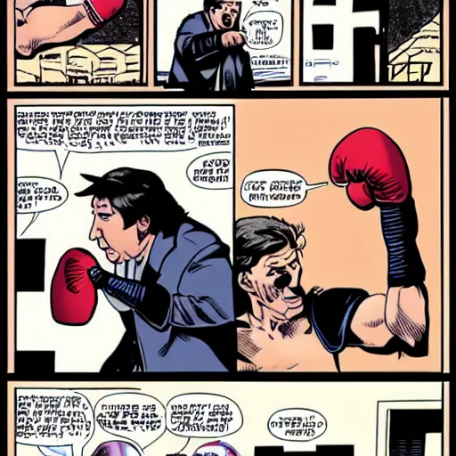 Image similar to bill hicks punching the camera wearing boxing gloves in comic book style