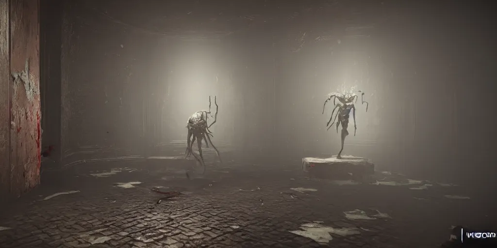 prompthunt: The Backrooms level 1 with a creepy creature and blood