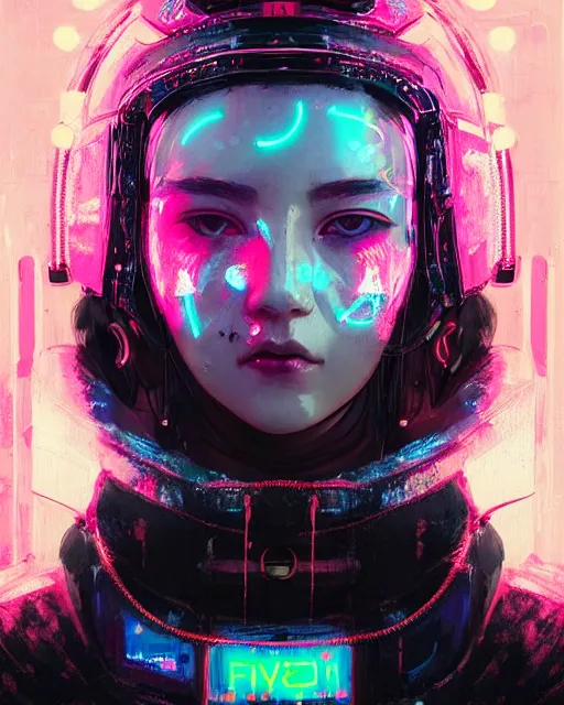 Image similar to detailed portrait Neon Operator Girl, cyberpunk futuristic neon, reflective puffy coat, decorated with traditional Japanese ornaments by Ismail inceoglu dragan bibin hans thoma greg rutkowski Alexandros Pyromallis Nekro Rene Maritte Illustrated, Perfect face, fine details, realistic shaded, fine-face, pretty face