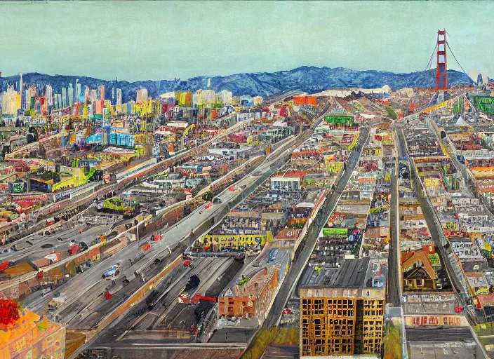 Image similar to a realistic San-Francisco cityscape, from the roof, tall terrace, hills, Golden Gate, houses, parks, and hell bursting in style of Wayne Thiebaud and Bosch