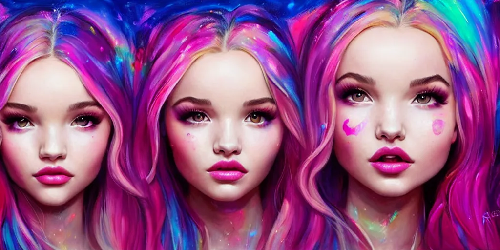 Image similar to dove cameron and madison beer and bella poarch are three beautiful raver girls in the dark, rolling on ecstasy, peaking on pure molly, dilated pupils and covered in florescent paint, highly detailed, digital painting, dramatic lighting, artstation, concept art, matte, sharp focus, illustration, art by artgerm and ross tran and thomas kincade