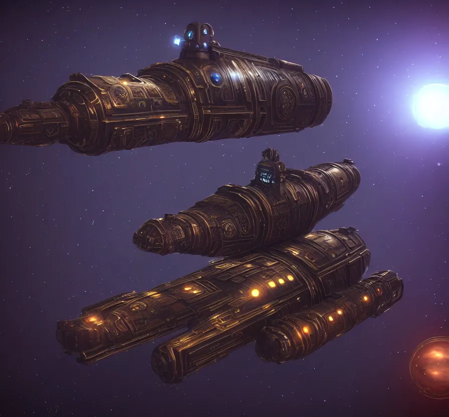 Image similar to symmetric steampunk space ship in dark space, unreal engine, digital