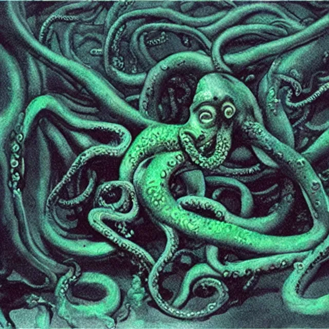 Prompt: phosphorescent skin of the tentacle squid horror, photograph created by del toro + lovecraft + realistic horrors + matte painting + dead souls