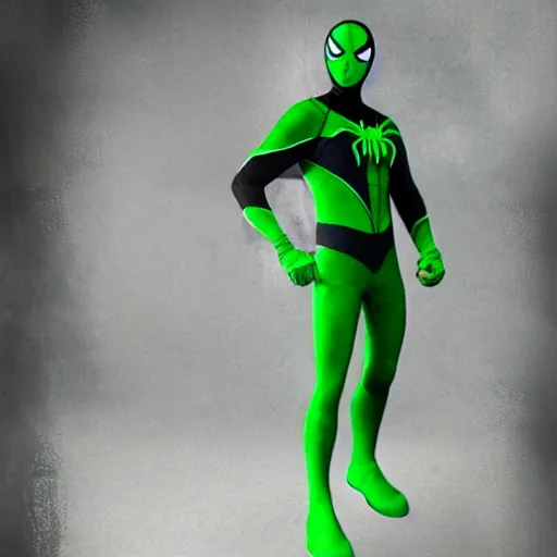 Image similar to green spider - man suit with black web lining, cinematic, volumetric lighting, realistic, hyperdetailed, photorealistic, photograph