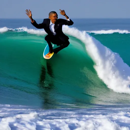 Image similar to barack obama surfing a giant wave with a margarita in his hand