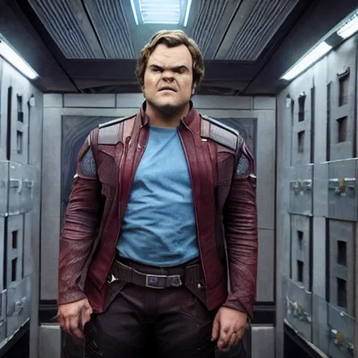 Image similar to film still of Jack Black as Star Lord in Guardians of the Galaxy