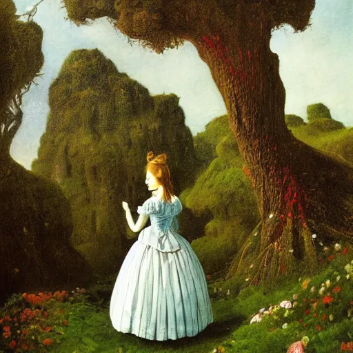 Image similar to Alice in Wonderland, painted by Caspar David Friedrich, oil painting