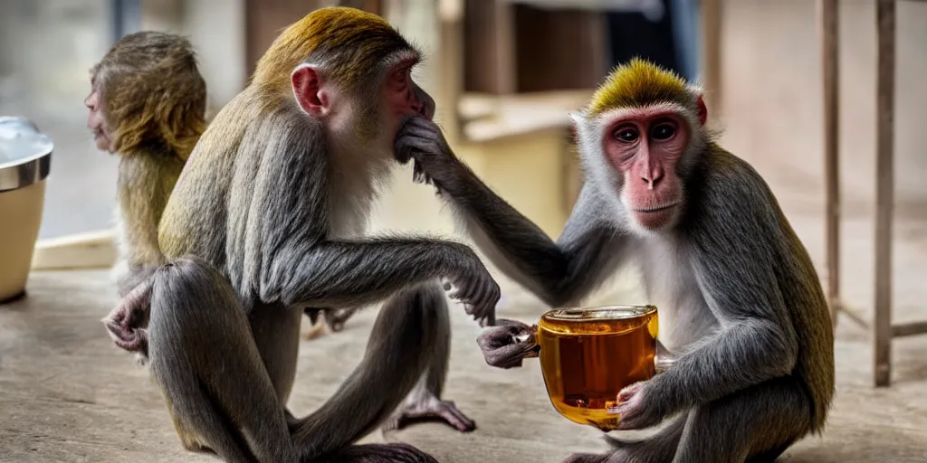 Prompt: a monkey drinking tea in the kitchen