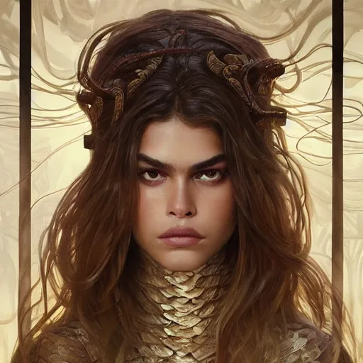 Image similar to Kaia Gerber as Medusa, frowning, scowl, snakes for hair, intricate, elegant, highly detailed, digital painting, artstation, concept art, smooth, sharp focus, illustration, art by artgerm and greg rutkowski and alphonse mucha