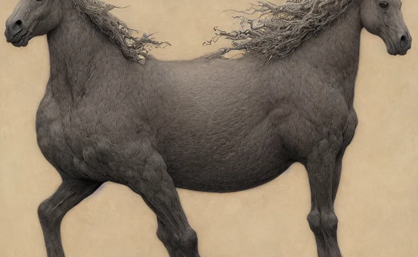 Prompt: horse bear hybrid character portrait by jean delville, tom bagshaw, brooke shaden, gustave dore and marco mazzoni, studio ghibli style, porcelain, organic, lifelike, detailed fur, intricate details