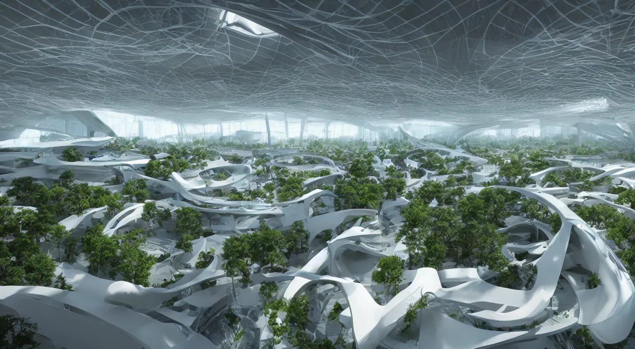 Image similar to futuristic open office with parks and plants, glowing computer screens, made with glossy white plastic and large windows and voluminous light and light rays, extremely intricate, very detailed, in style of zaha hadid, artstation, octane render, cinematic lighting