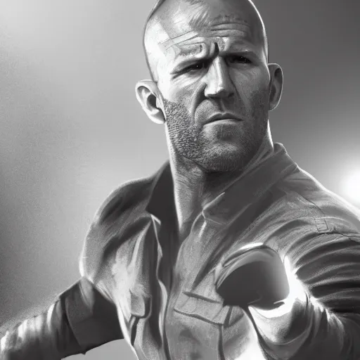 Prompt: jason statham fighting a pc, half body shot, path traced, fight scene, highly detailed, high quality, digital painting