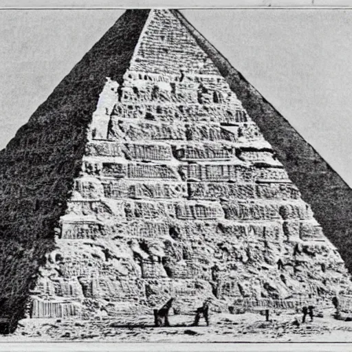 Image similar to an old journal page with a rich illustration of aliens building the Great Pyramid of Giza