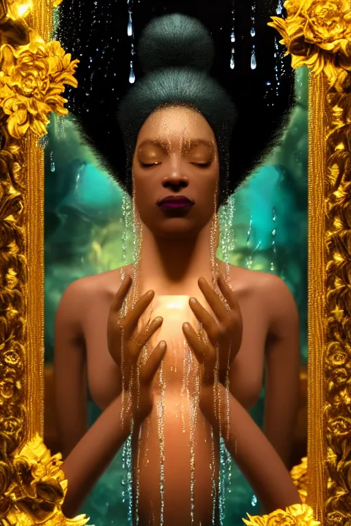 Prompt: hyperrealistic post rococo cinematic very expressive! black oshun goddess, in water up to her shoulders, mirror dripping droplet!, gold flowers, highly detailed face, digital art masterpiece, smooth eric zener cam de leon dramatic pearlescent volumetric teal light, wide shot, high angle uhd 8 k, sharp focus