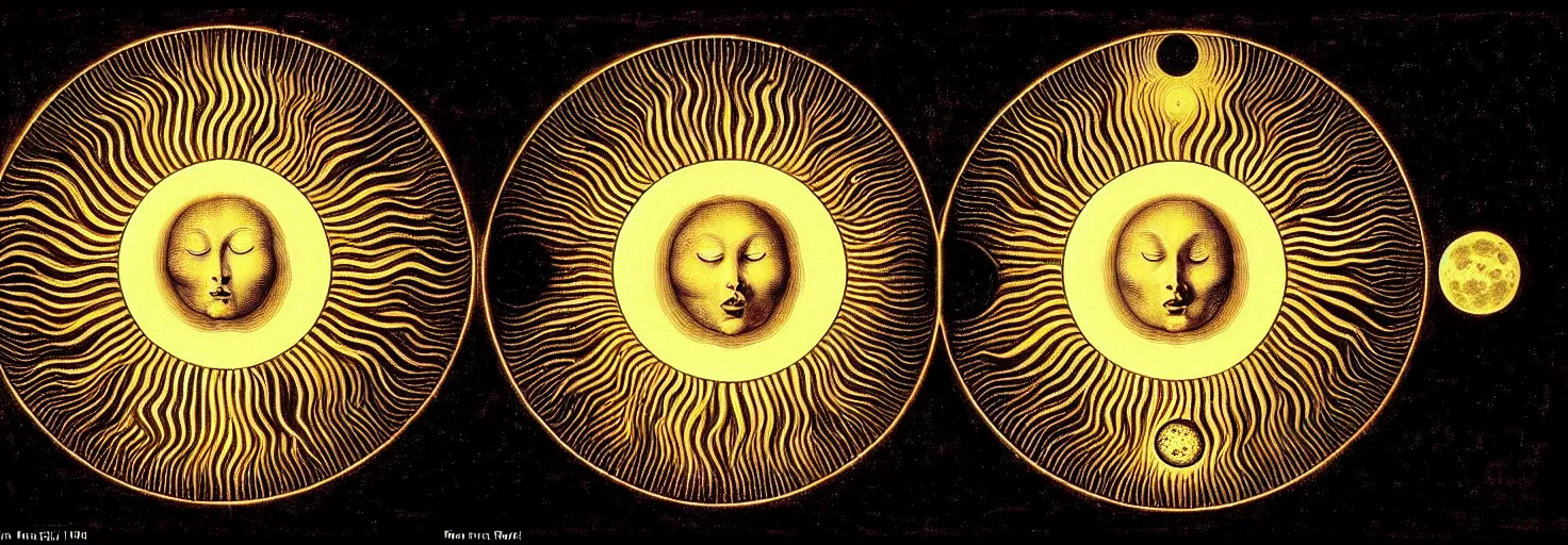 Image similar to a giant sun sings a unique canto about'as above so below'to the the moon, while being ignited by the spirit of haeckel and robert fludd, breakthrough is iminent, glory be to the magic within, in honor of saturn, painted by ronny khalil