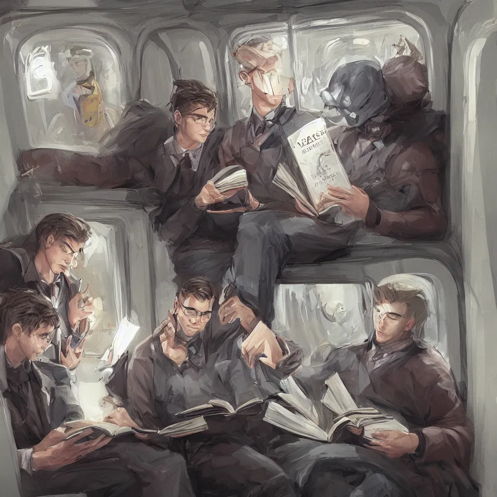 Prompt: a painting of two men reading a magical book while sitting in a subway car, by rutkowski and artgerm, highly detailed, trending on artstation, movie concept art, cinematic lighting